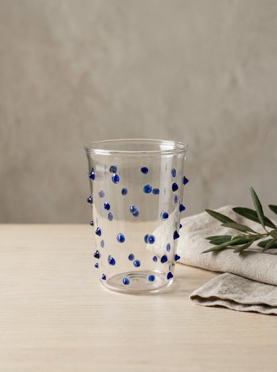 Handmade Hand Blown Glass Tumbler with Cobalt Blue Dots 10 cm Egyptian Artisan Drinkware by BEKYA
