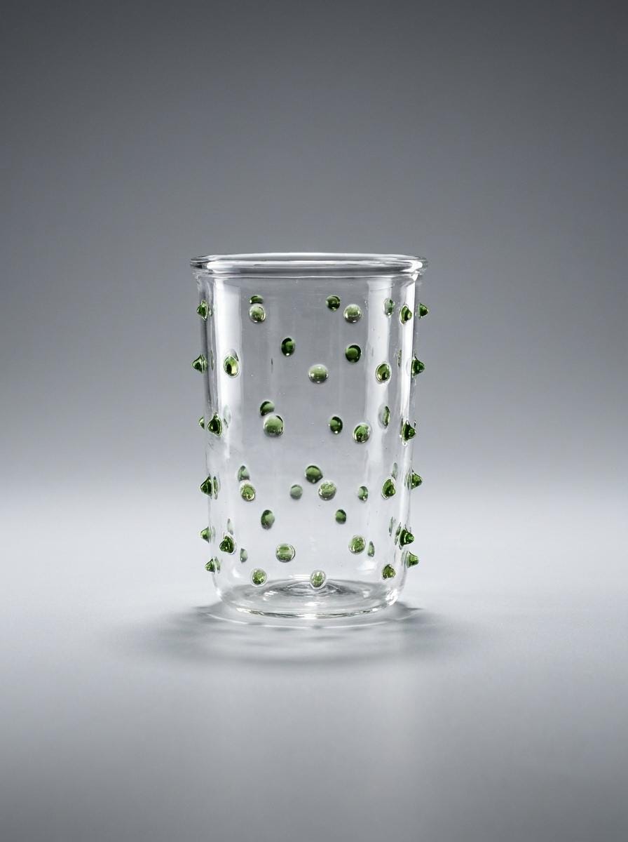 Handmade Hand Blown Glass Tumbler with Green Dots 10 cm Egyptian Artisan Drinkware by BEKYA