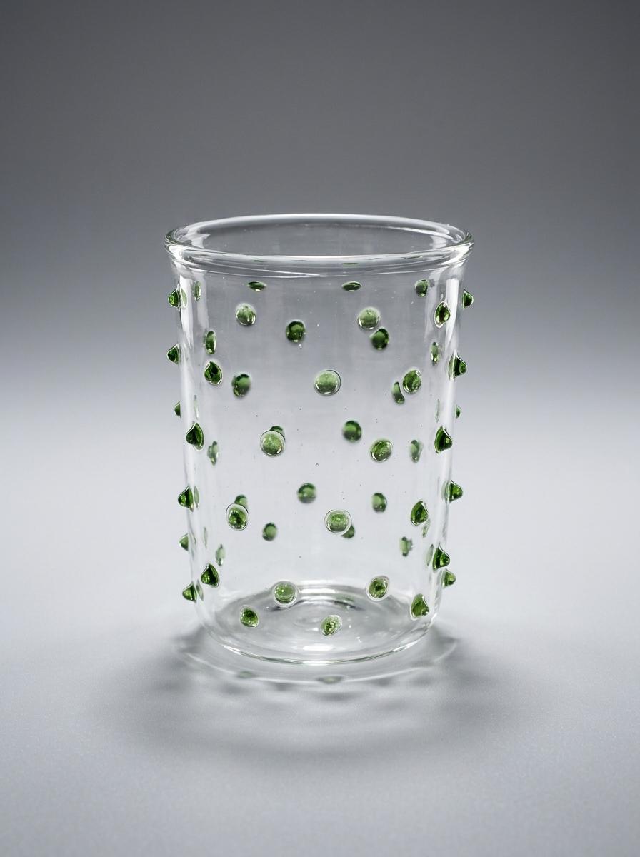Handmade Hand Blown Glass Tumbler with Green Dots 10 cm Egyptian Artisan Drinkware by BEKYA