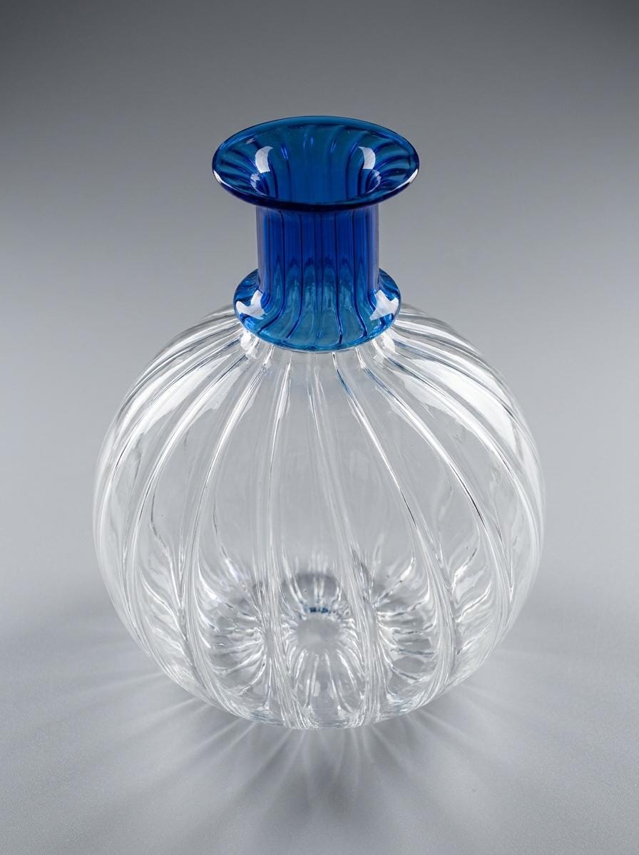 Handmade Hand Blown Ribbed Globe Glass Vase with Cobalt Blue Neck 17 cm Egyptian Artisan by BEKYA Limited