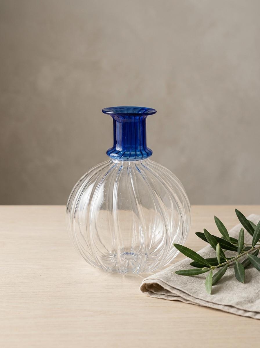 Handmade Hand Blown Ribbed Globe Glass Vase with Cobalt Blue Neck 17 cm Egyptian Artisan by BEKYA Limited