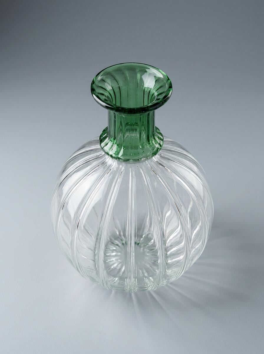 Handmade Hand Blown Ribbed Globe Glass Vase with Green Neck 17 cm Egyptian Artisan by BEKYA Limited