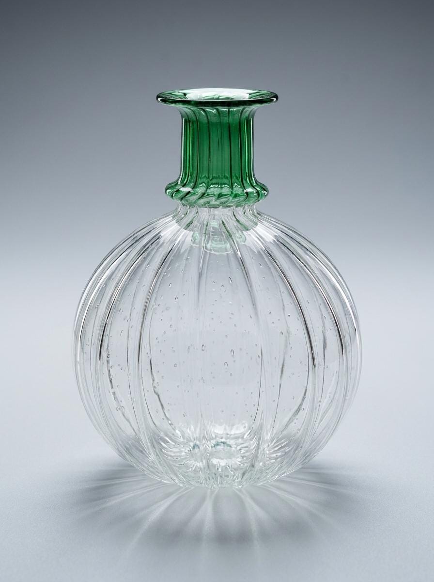 Handmade Hand Blown Ribbed Globe Glass Vase with Green Neck 17 cm Egyptian Artisan by BEKYA Limited