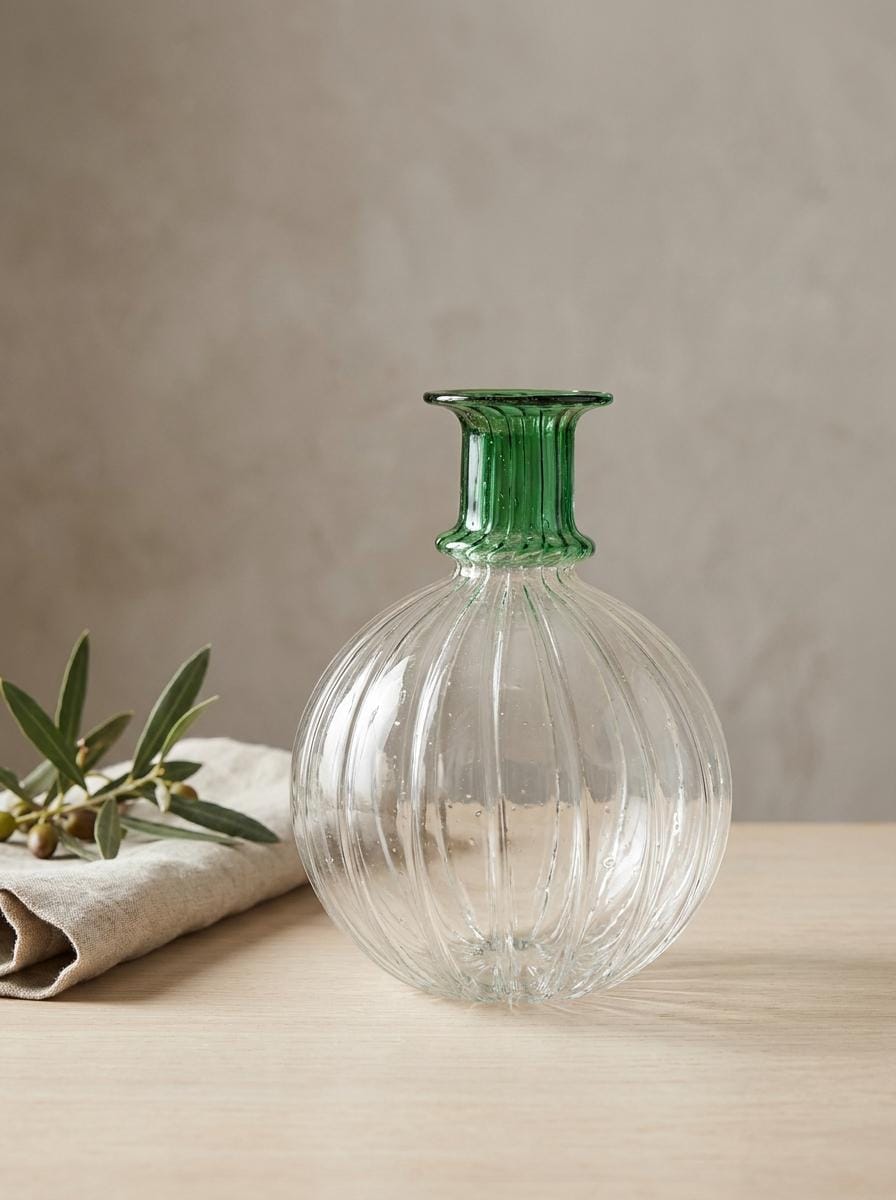 Handmade Hand Blown Ribbed Globe Glass Vase with Green Neck 17 cm Egyptian Artisan by BEKYA Limited