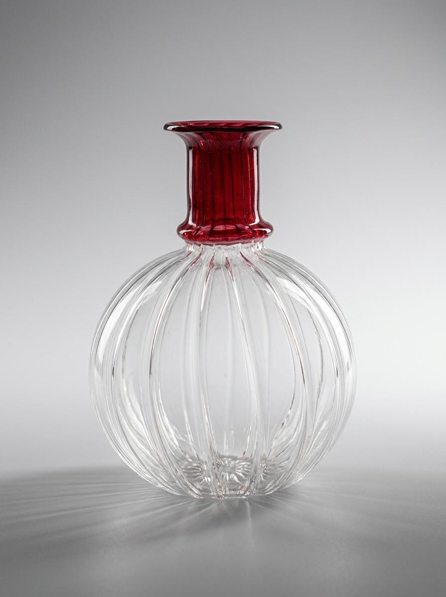 Handmade Hand Blown Ribbed Globe Glass Vase with Red Neck 17 cm Egyptian Artisan by BEKYA Limited
