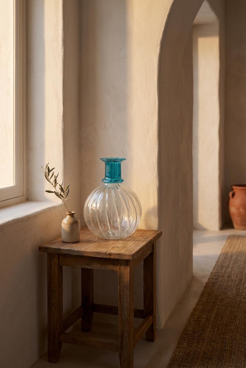 Handmade Hand Blown Ribbed Globe Glass Vase with Turquoise Neck 17 cm Egyptian Artisan by BEKYA Limited