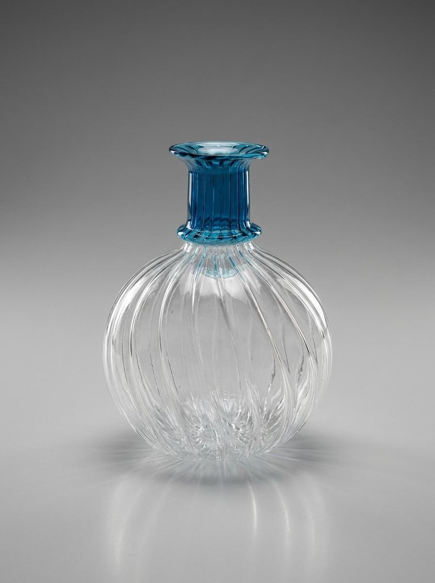 Handmade Hand Blown Ribbed Globe Glass Vase with Turquoise Neck 17 cm Egyptian Artisan by BEKYA Limited