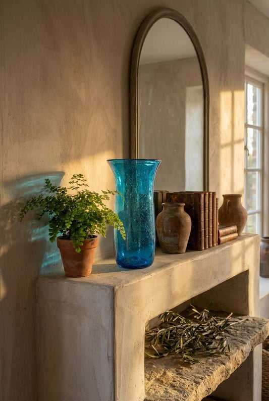 Handmade Turquoise Glass Vase 28 cm Flared Rim Hand Blown Egyptian by BEKYA