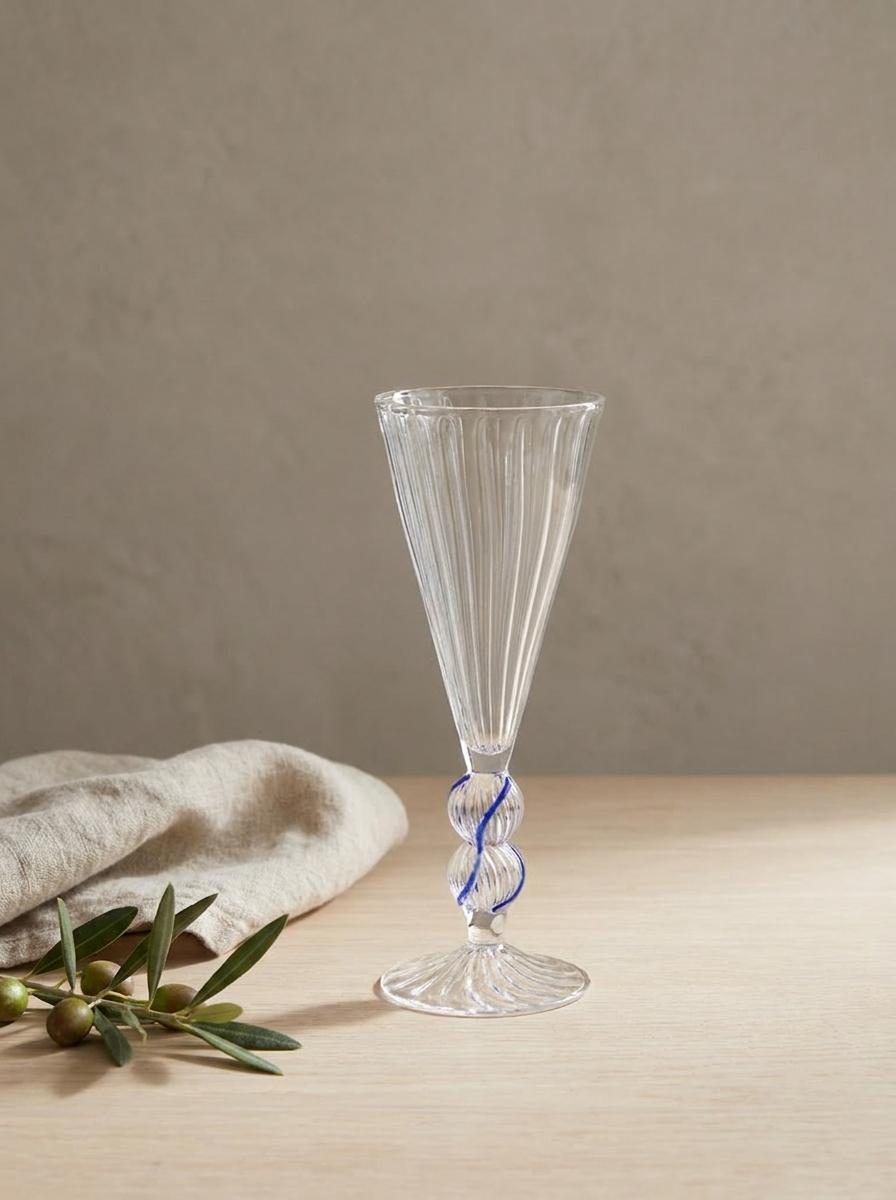 Handmade Hand Blown Champagne Glass with Blue Twisted Stem 20 cm Egyptian Artisan Glassware by BEKYA