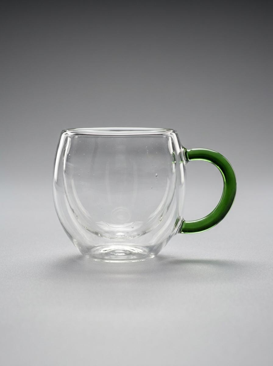 Handmade Hand Blown Double Walled Glass Tea Cup with Green Handle 8.5 cm by BEKYA
