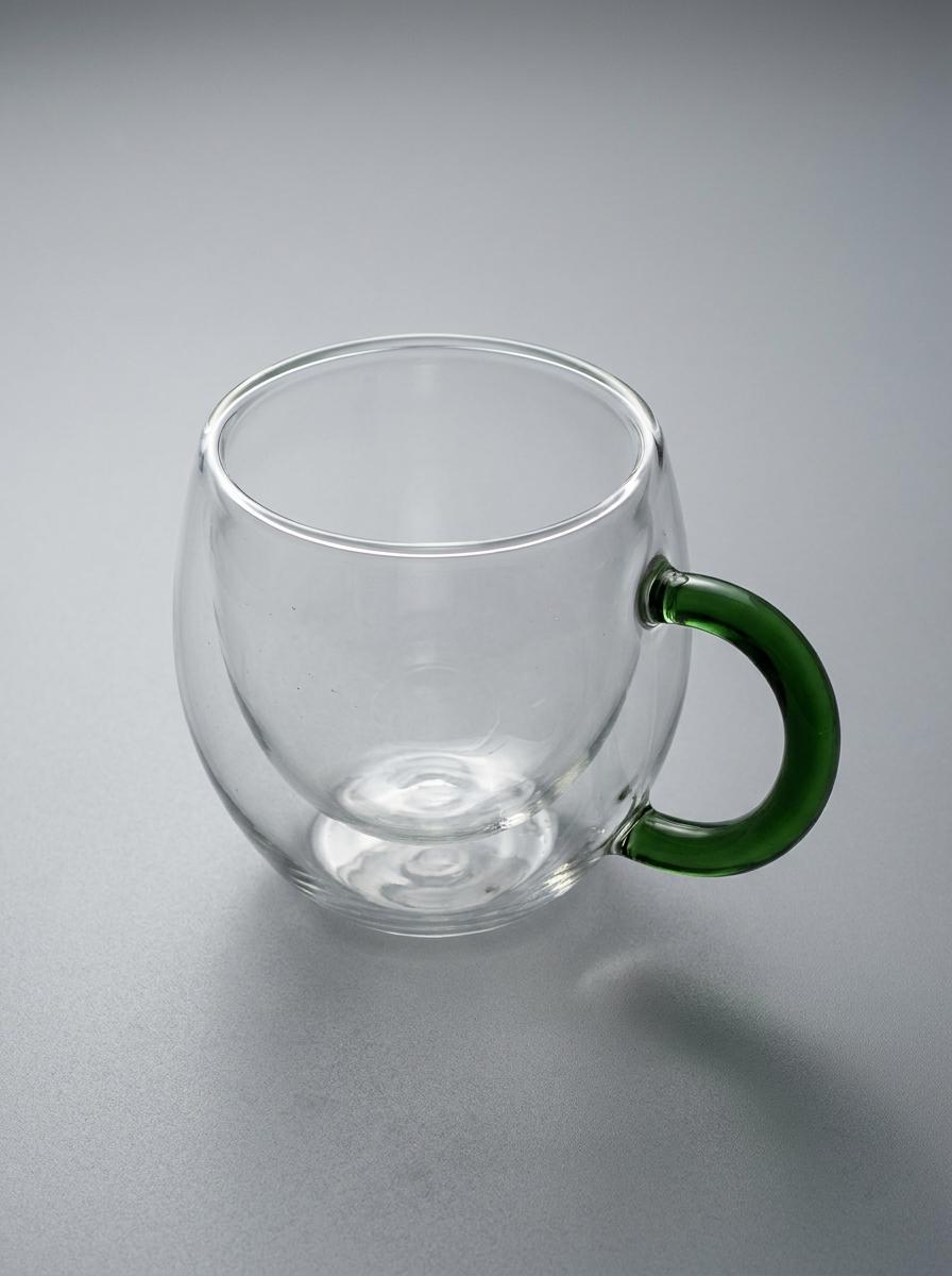 Handmade Hand Blown Double Walled Glass Tea Cup with Green Handle 8.5 cm by BEKYA