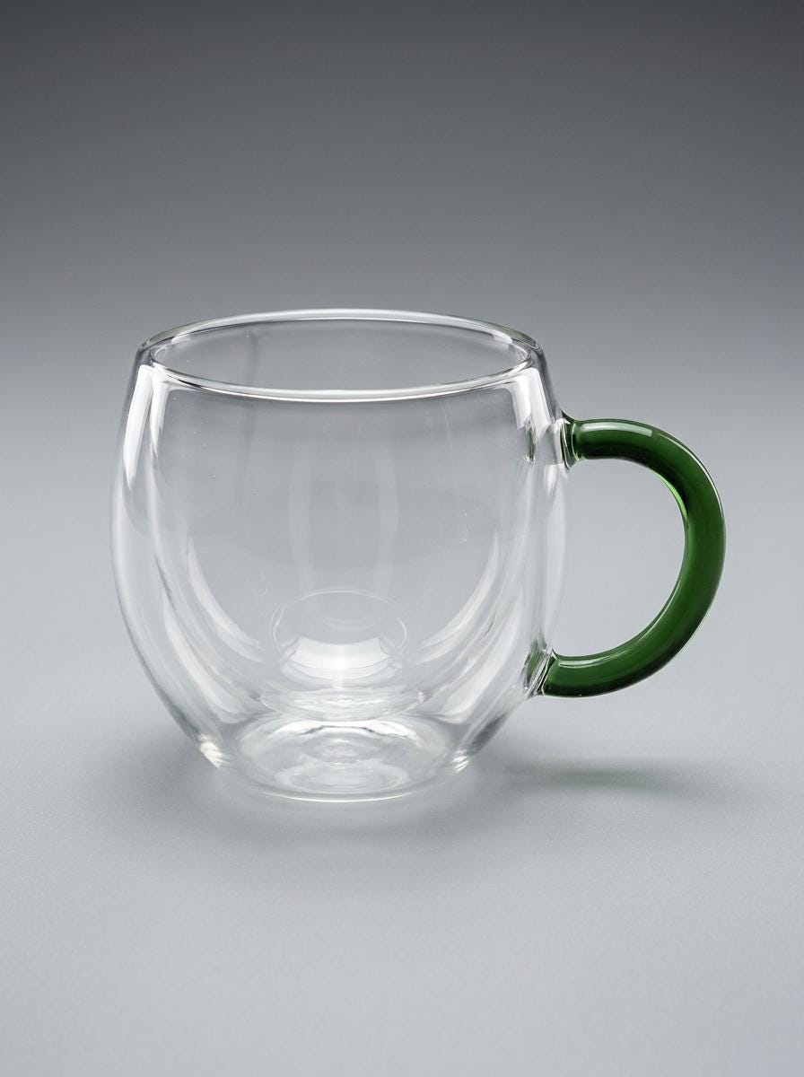 Handmade Hand Blown Double Walled Glass Tea Cup with Green Handle 8.5 cm by BEKYA