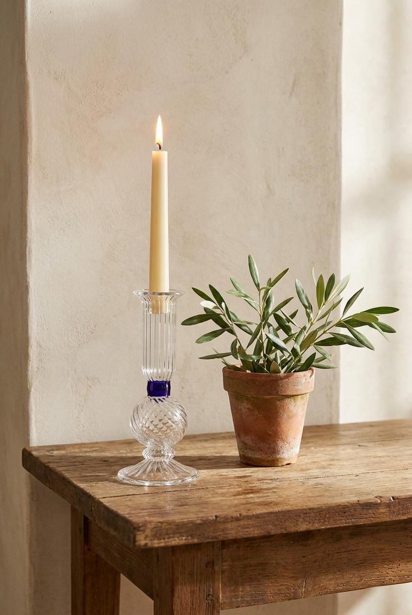 Handmade Hand Blown Ribbed Glass Candlestick with Cobalt Blue Collar 16 cm Egyptian Candle Holder by BEKYA