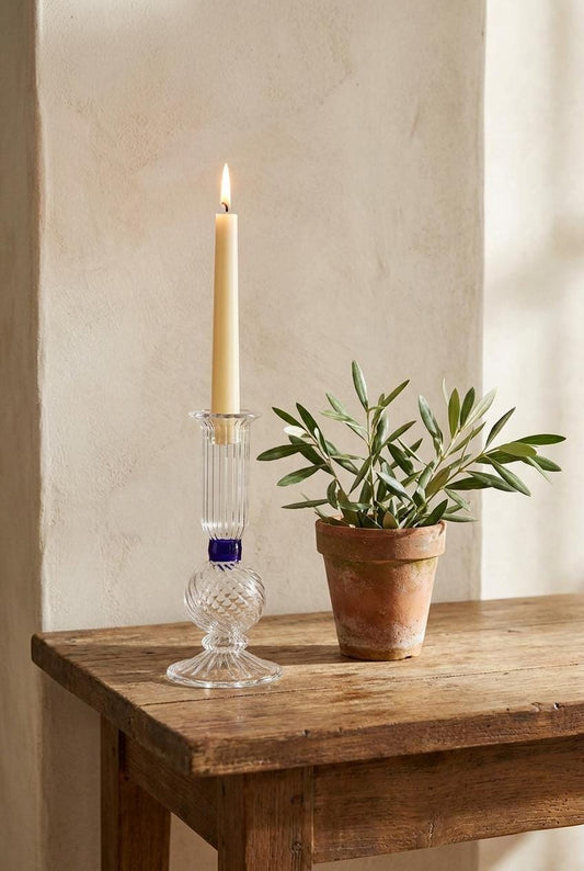 Handmade Hand Blown Ribbed Glass Candlestick with Cobalt Blue Collar 16 cm Egyptian Candle Holder by BEKYA