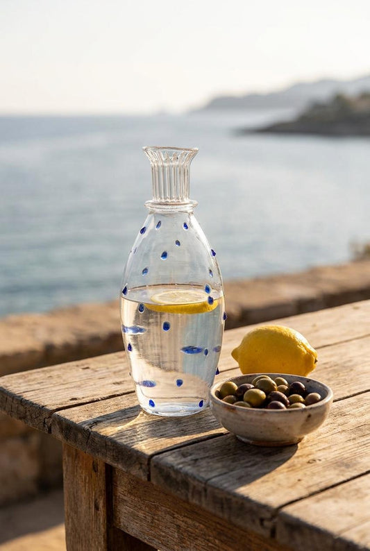 Handmade Glass Carafe with Cobalt Blue Dots 26.5 cm Hand Blown Egyptian Artisan by BEKYA