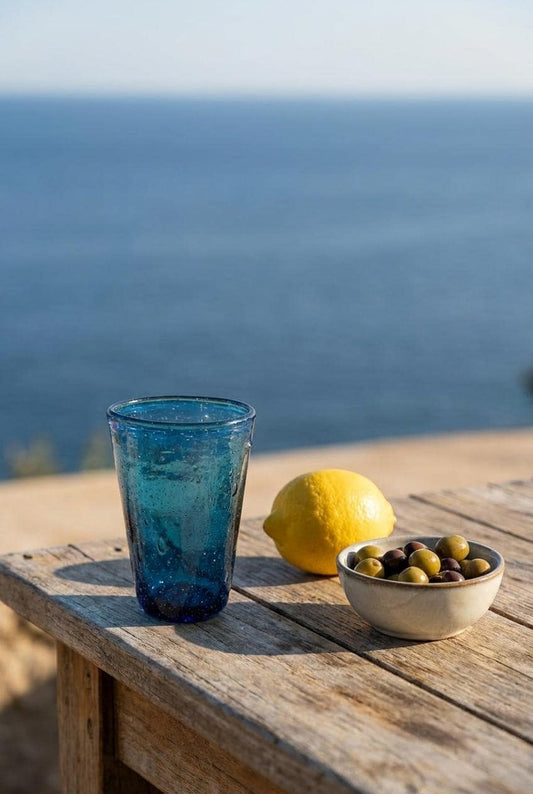 Handmade Turquoise Hand Blown Glass V-Shaped Tumbler 10 cm Egyptian Artisan Drinkware by BEKYA