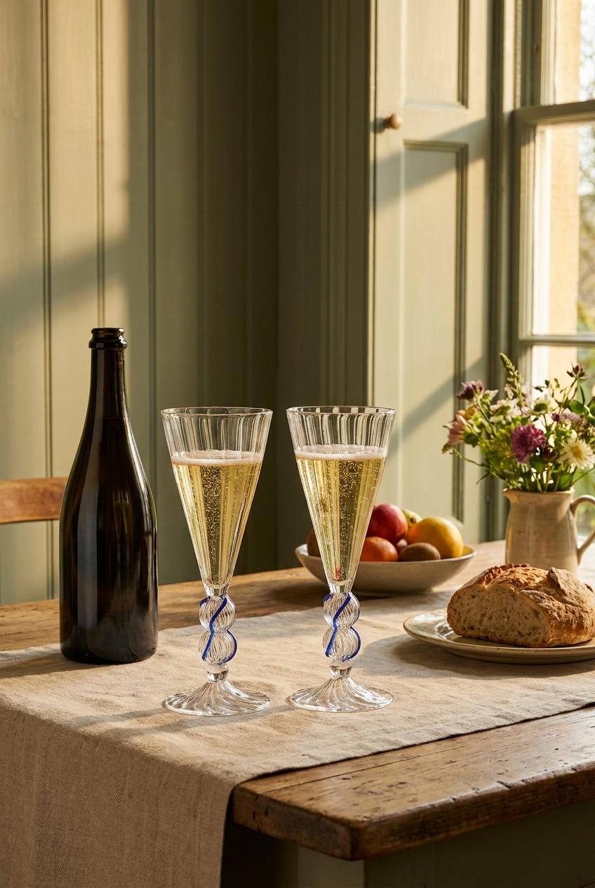 Pair of Handmade Hand Blown Champagne Glasses with Blue Twisted Stems 20 cm by BEKYA