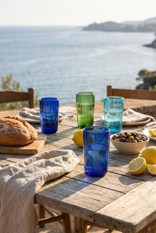 Set of 4 Handmade Hand Blown Glass Tumblers 13 cm Mixed Colours Egyptian Artisan by BEKYA
