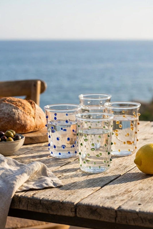 Set of 4 Handmade Hand Blown Glass Tumblers with Coloured Dots 10 cm Egyptian Artisan by BEKYA