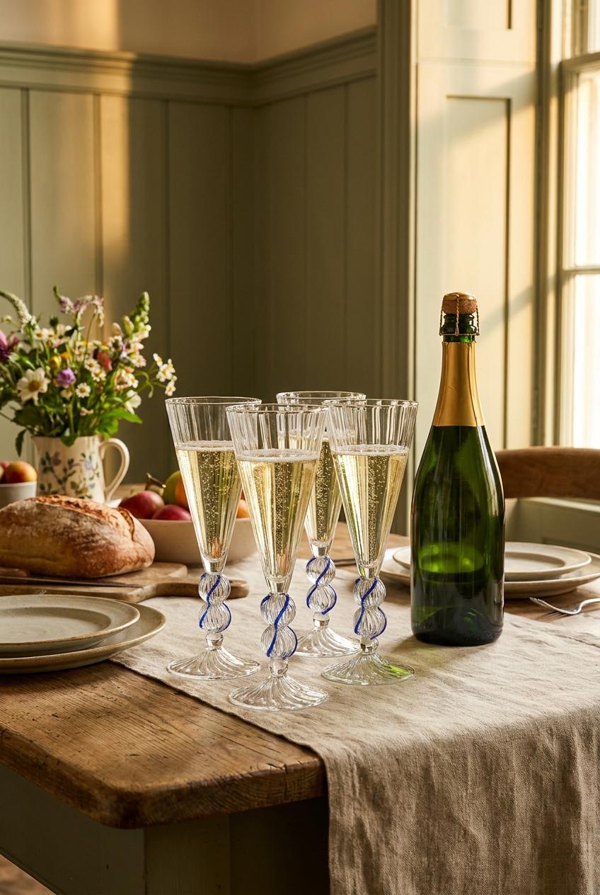 Set of 4 Handmade Hand Blown Champagne Glasses with Blue Twisted Stems 20 cm by BEKYA