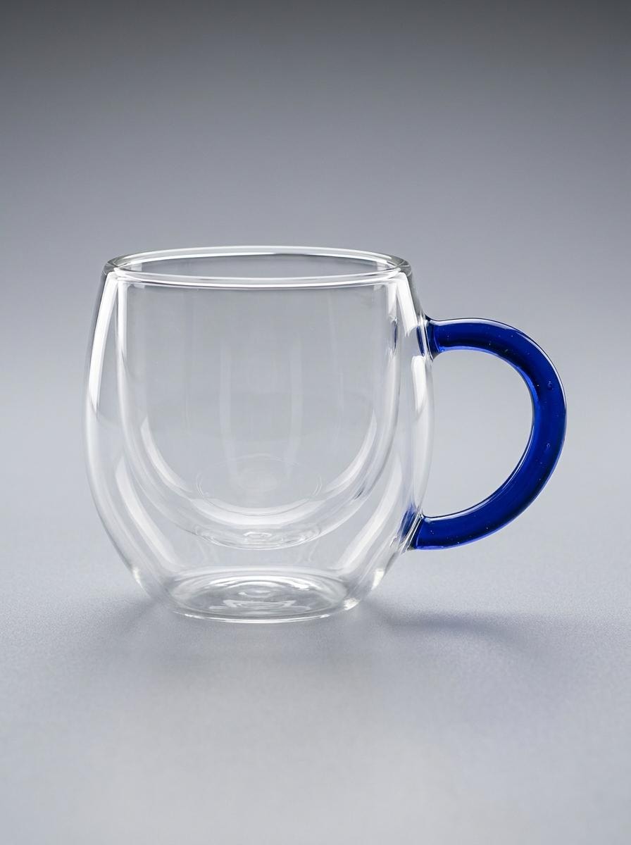 Pair of Handmade Double Walled Glass Tea Cups with Coloured Handles 8.5 cm by BEKYA